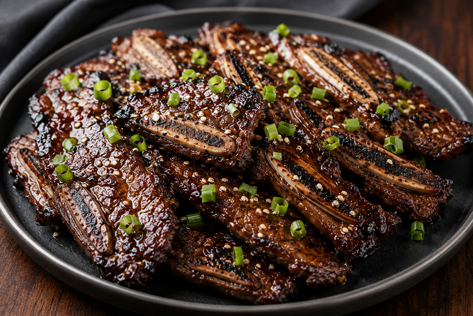 Korean-style grilled beef short ribs with caramelized glaze, sesame seeds, and green onions served on a dark plate.