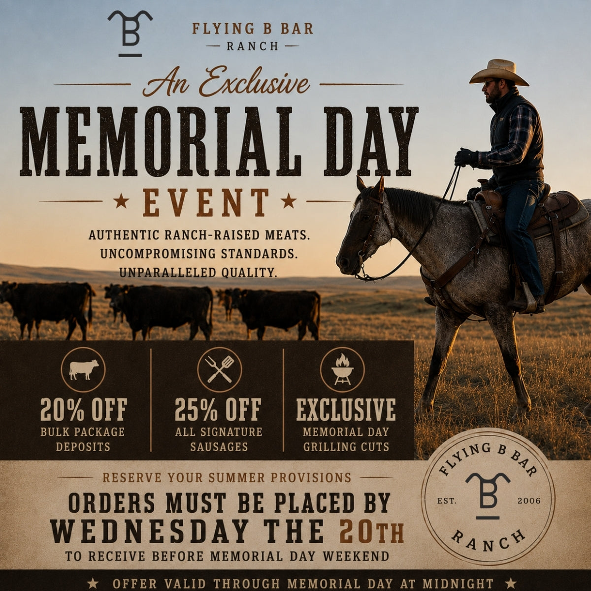 Luxury western-style Memorial Day graphic featuring a cowboy on horseback, open plains cattle ranch, and premium Flying B Bar Ranch meat sale offers with rustic western typography.
